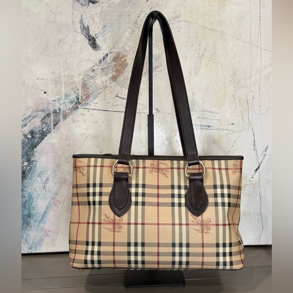 Burberry Handbags - Burberry Beige Plaid Tote with Brown Leather Straps